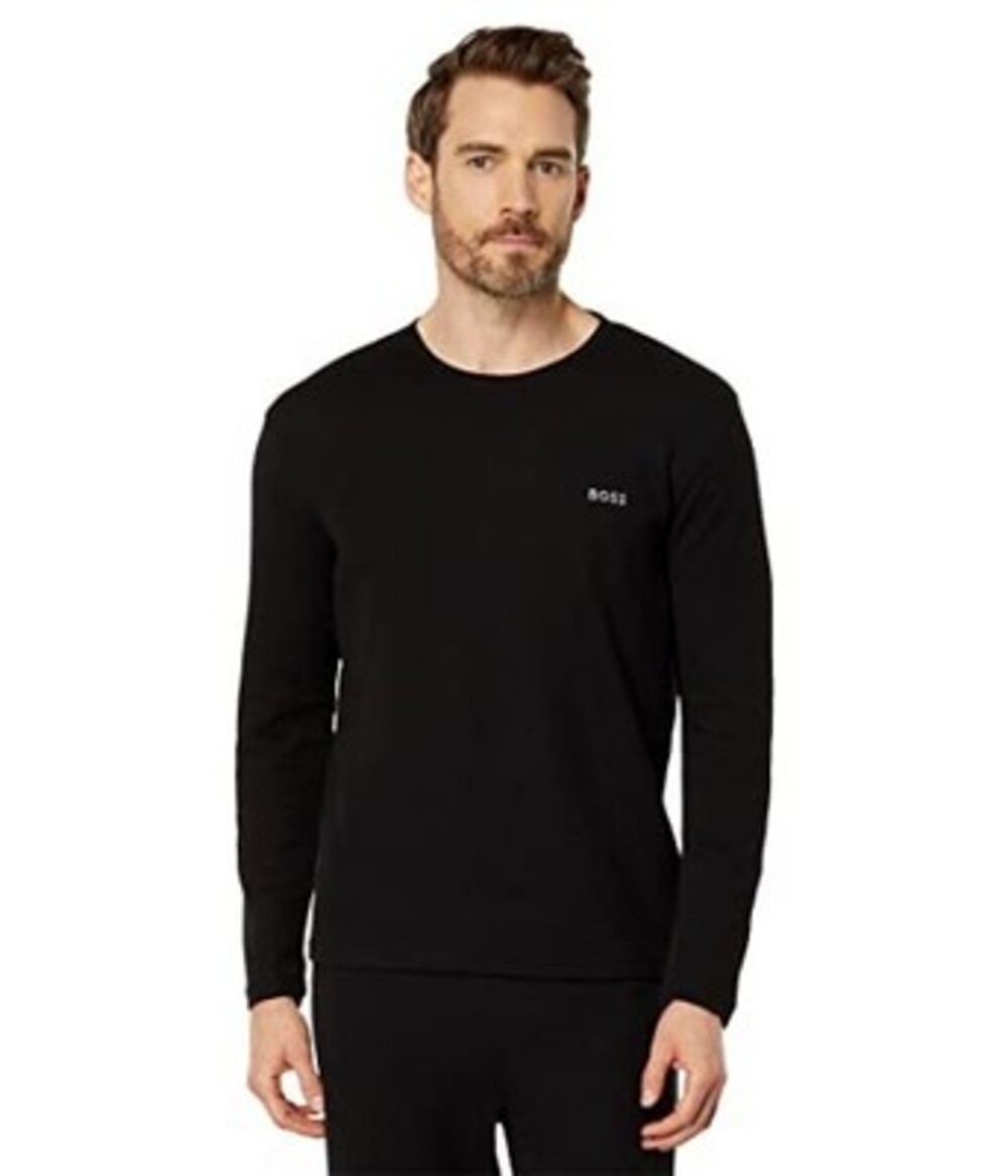 Boss Waffle Knit Slim Fit Long Sleeve Tee Men's L Black Solid Crewneck Pullover